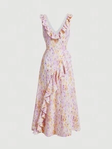 SHEIN MOD Base Purple Ombre Floral Print Romantic Asymmetric Hem Dress With Ruffle Trim For Spring/Summer