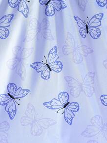 Pink Short Sleeve Butterfly Print Lace Trim Nightdress For Young Girls' Home Wear