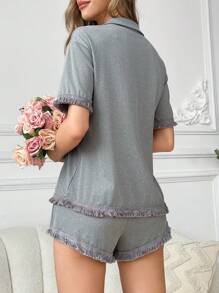 Women Fashionable Solid Color Fringed Short Sleeve Shorts Pajama Set - Grey - View 2