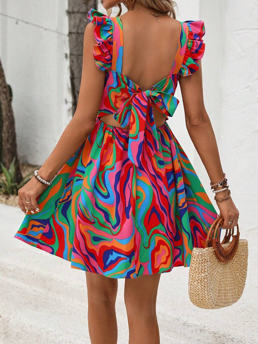 Breezaya Women Fashionable Printed A-Line Dress With Short Flutter Sleeves Vacation Beach Outfit