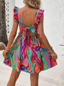 Breezaya Women Fashionable Printed A-Line Dress With Short Flutter Sleeves Vacation Beach Outfit