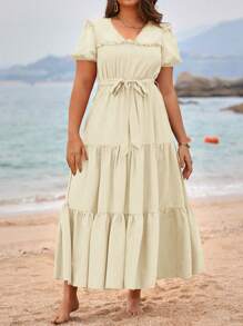 Breezaya Plus Size V-Neck Belted Vacation Style Solid Color Minimalist Dress For Spring And Summer