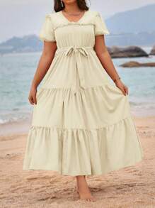 Breezaya Plus Size V-Neck Belted Vacation Style Solid Color Minimalist Dress For Spring And Summer