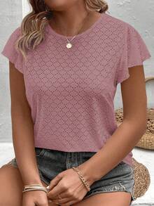 INAWLY Plus Size Vacation & Casual Solid Color Hollow Out Flutter Sleeves T-Shirt - Rusty Rose - View 3