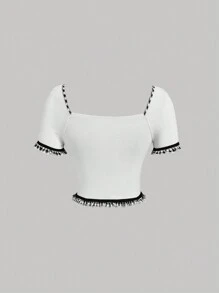 SHEIN MOD White Plaid Lace Inserted Summer Tee With Tie Strap