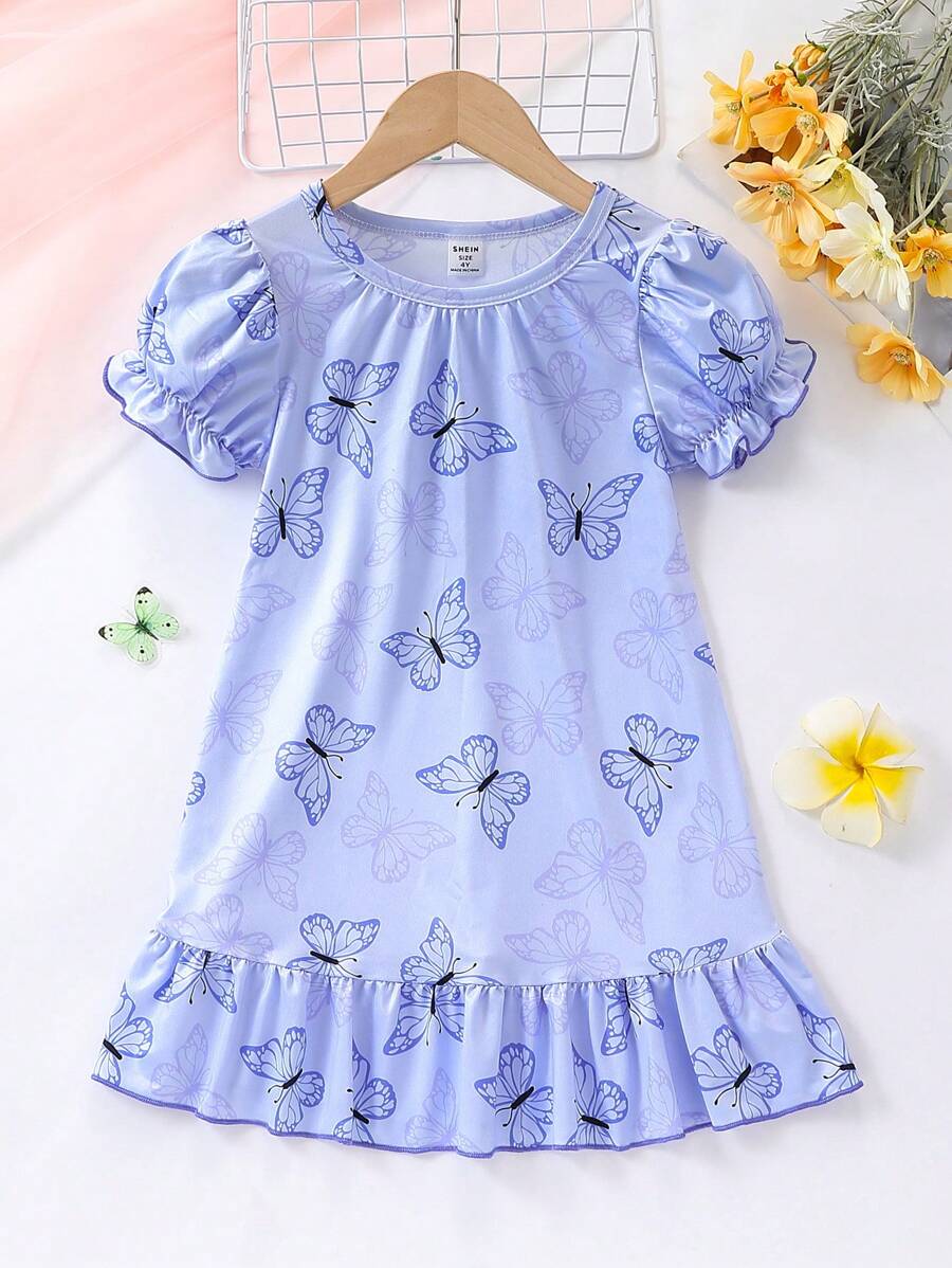 Pink Short Sleeve Butterfly Print Lace Trim Nightdress For Young Girls' Home Wear
