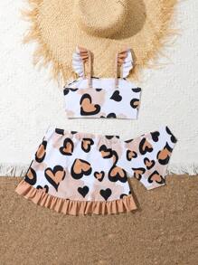 Young Girl Heart Print Ruffle Trim Bikini Set Summer Beach