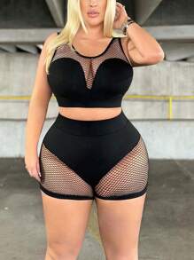 SHEIN CURVE+ Bộ áo ngực và quần short thể thao Plus Size dành cho nữ - màu đen - Xem 1