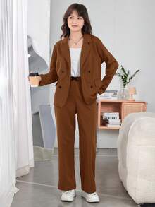 青少年女孩雙排釦翻蓋細節西裝外套和褲子不帶T恤 - 棕色 - 查看 6