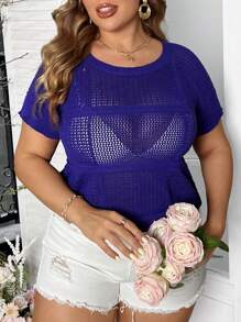 Breezaya Plus Size Women Solid Color Round Neck Perspective Pullover Knit Short Sleeve Top