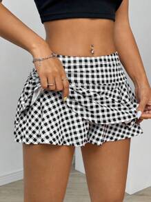 SHEIN EZwear Women Fashionable Black And White Checkered Printed Ruffled Shorts - Black and White - View 2