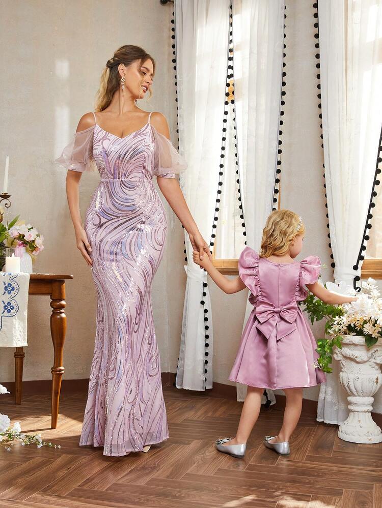 Ladies' Gorgeous, Elegant And Dignified Lotus Pink Shiny Luxurious Sequined Fabric Spaghetti Strap Strapless Deep V-Neck Fishtail Dress Parent-Child Dresses Suitable For Parent-Child Activities, Wedding Season, Mother's Day, Music Festival, Graduation Season Evening Ball Party, Formal Code Women Prom & Evening Dresses