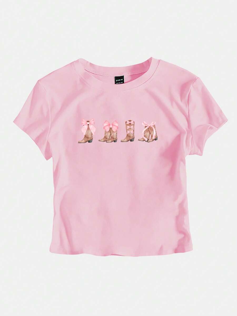 SHEIN EZwear Western Boots Print Baby Tee Women T-Shirt - Pink - View 1