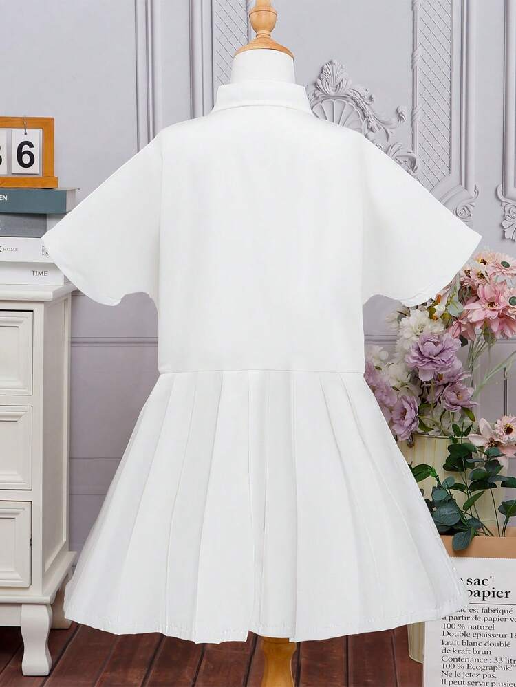 Tween Girl Korean-Style Mid-Length Dress With Pleated Hem And Neck Tie