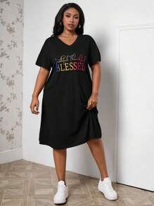 Maweii Plus Letter Graphic Pocket Patched Dress For Summer - Black - View 6