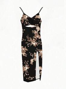 Breezaya Women's Floral Print Spaghetti Strap Cross Back Cutout Waist High Slit Bodycon Dress For Spring And Summer Maxi Women Outfit