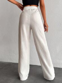 SHEIN Plus Size Women's White Solid Color Drawstring Detailed Casual Long Pants - White - View 2