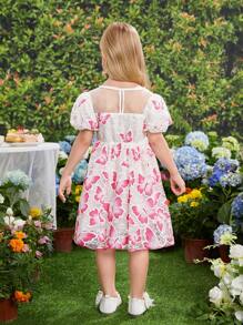 SHEIN Young Girl Sweet & Lovely Butterfly Printed Bubble Sleeve Dress With Lace & Mesh Contrast