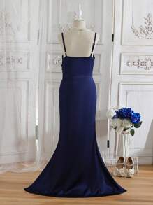 SHEIN 夏季海滩派对少女优雅细肩带开衩连衣裙，适合演出、婚礼、庆典、生日派对 - 藏蓝色 - 查看 2