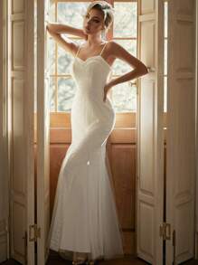 Contrast Sequin Splicing Mesh Hem Cami Wedding Dress - White - View 1