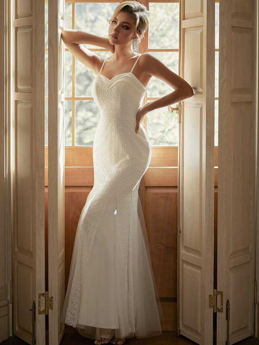 Contrast Sequin Splicing Mesh Hem Cami Wedding Dress - White - View 1