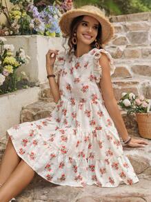 SHEIN VCAY Women Round Neck Floral Print Ruffle Hem Vacation Dress