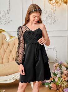 SHEIN Tween Girl Cute Elegant Simple Fashion One-Shoulder Long Jumpsuit - Black - View 3