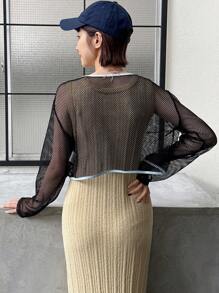 FRIFUL Top transparent à manches longues pour femmes avec empiècement en filet ajouré et nœud devant