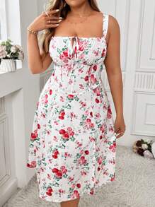 Breezaya Vestido cami plus size con estampado floral y escote fruncido
