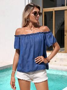 SHEIN VCAY Women's Short Denim Effect Off Shoulder Shirt For Summer Beach Vacation Casual Outfits