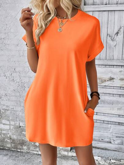 Vaclyn Solid Color Round Neck Short Sleeve Dress With Pockets For Summer