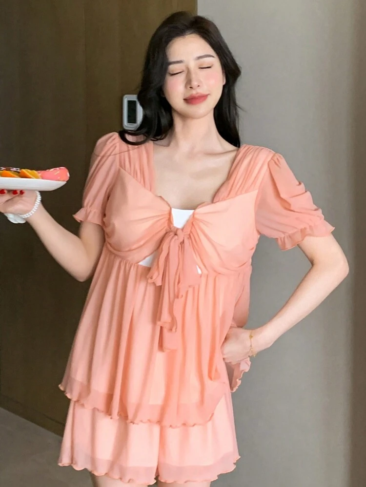 Sweet Bowknot Strap With Tight Cross-Woven Hem And Wavy Edge Decorative Draped Mesh Fabric Breathable Pajama Set