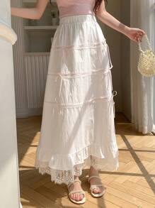 DAZY Women Lace Decorated Skirt With Bow,Ruffle - White - View 5