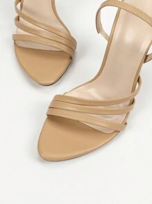 Jin Bei Qi 女士圆头纯色多带踝带露趾高跟凉鞋，奢华时尚优雅派对高跟鞋，杏色，细高跟，春夏装扮 - 杏色 - 查看 5