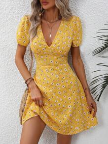 Breezaya Vestido y falda de escote en V con estampado floral pequeño para verano, conjunto de ropa de playa y vacaciones para mujeres