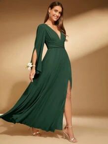SHEIN Belle Kvinnor Fashionabla V-ringad lång delad brudtärna Elegant långärmad klänning - Mörk Grön - Visa 4