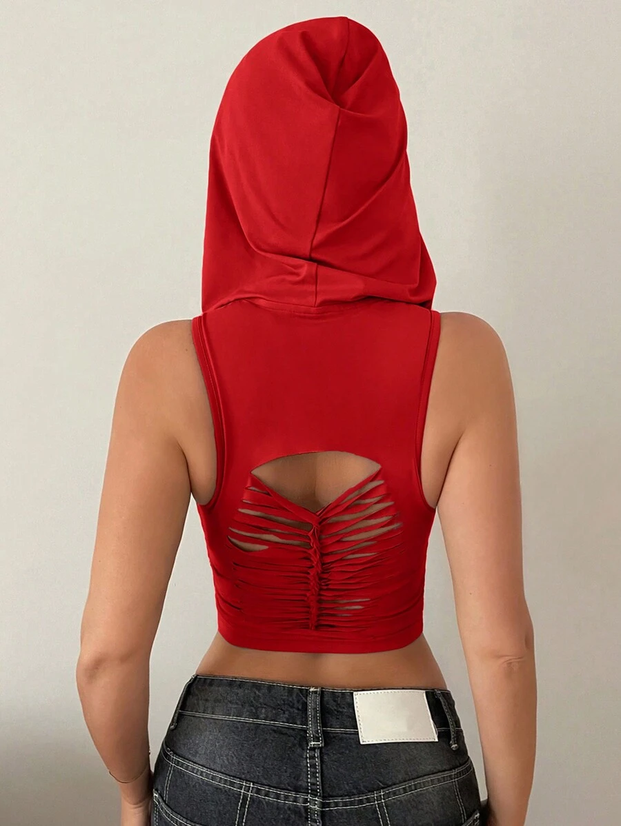 SHEIN SXY Women's Red Summer Boyish Night Sleeveless Hooded Tank Top,Solid Color Backless Ripped Crop Tops For Bachelorette Party Spring Break Birthday - Red - View 1