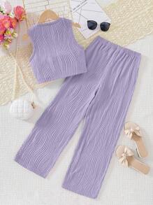 SHEIN Sparklyn Tween Girl Casual Solid Texture Tank Top And Long Pants Two Pieces Set For Spring/Summer,Holiday,Summer,Travel - Purple - View 2