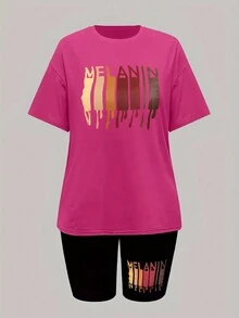 SHEIN MOOSTA Plus Size Simple Printed T-Shirt And Black Shorts Printed Two-Piece Set - Multicolor - View 4