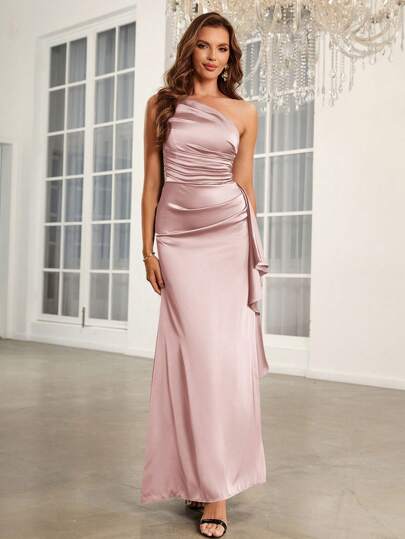 SHEIN Belle Adult Asymmetric Solid Color Bridesmaid Dress With Ruffles Ruched Formal Ball Gown For Women Elegant Prom Evening Wedding Guest Dress, For Graduation, Dinner Party Dress