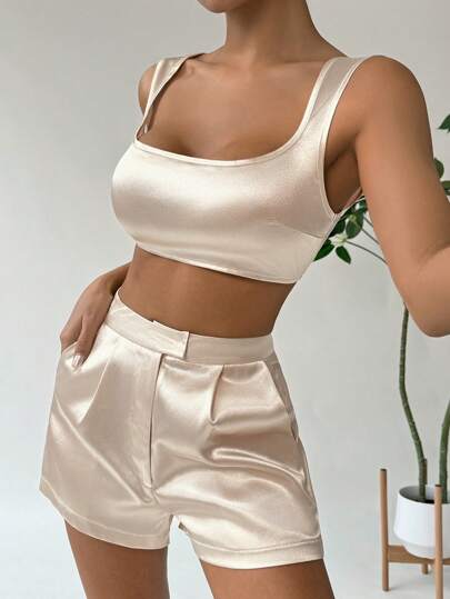 SHEIN EZwear Conjunto de dos piezas elegante para mujer, top sin mangas y pantalones cortos para verano, traje casual para trabajo, versátil para primavera y verano