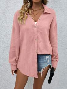 SHEIN LUNE 女士純色垂墜肩寬鬆休閒襯衫，適用於春季和夏季 - 粉色 - 查看 6