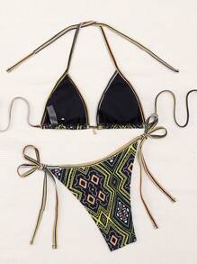 SHEIN Swim Summer Women Halter Triangle Bra And Strappy Bikini Bottom Set (Random Prints) - Multicolor - View 5