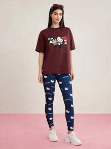 HELLO KITTY AND FRIENDS | SHEIN 女士夏季休閒可愛字母印花寬鬆短袖T恤 - 棕色 - 查看 5