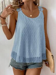 Breezaya Ladies" Solid Color Tank Top With Scoop Neck And Decorative Flowers - Baby Blue - View 4