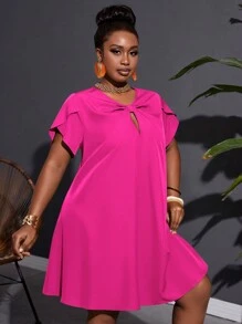 Slaydiva Plus Size Loose Fit Solid Color A-Line Twill Vacation Casual Dress With Non-Elastic Weave And Knot Detail For Women