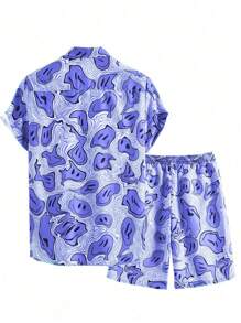 ROMWE MEN Street Life Men 2-Piece Casual Short Sleeve Shirt And Shorts Set, Suitable For Spring And Summer, School - Royal Blue - View 2