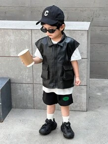 SHEIN 3pcs/Set Young Boy Street Style Sleeveless Zipper Leather Pocket Vest, Patch Label Shorts, And Solid Round Neck T-Shirt, Casual Comfortable Outfit Suitable For Spring And Summer Outdoor Scenes And Styling