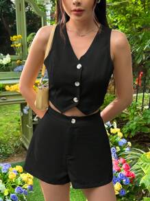SHEIN EZwear Ladies' Solid Casual Button Front Waistcoat And Shorts Suit Set In Fall/Winter - Black - View 6
