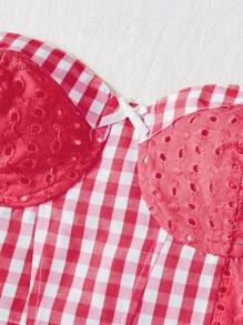 Soleia Women Vacation Style Contrast Plaid Eyelet Embroidered Texture Material Romantic Rural Tube Top - Hot Pink - View 4